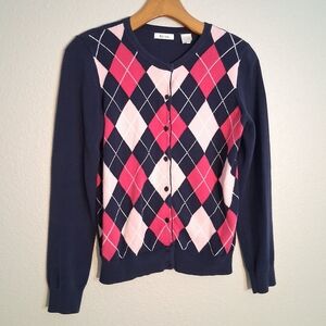 Liz & Co Pink And Blue Argyle Cardigan Sweater Small
